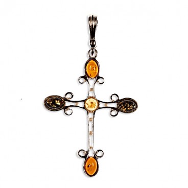 Pendentif ambre et argent croix multicolore