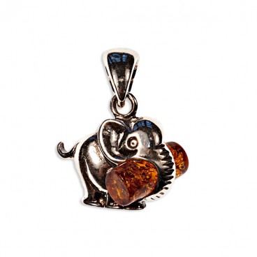 Pendentif ambre et argent Eléphant avec bûche