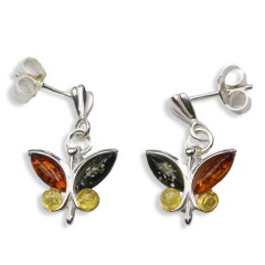 Boucles d'oreilles ambre et argent Papillons Multicolores
