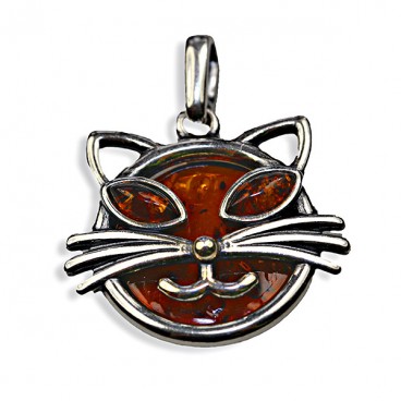 Pendentif ambre et argent Tête de Chat
