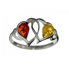 Bague ambre et argent 2 coeurs